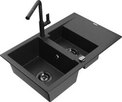 Mexen Gaspar, 1, 5 kamrás gránit mosogató 737x475x177 mm és Flora mosogató csaptelep, fekete-ezüst metál, 6507-73-670401-70-B (6507-73-670401-70-B)