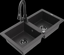 Mexen Mario, 2 kamrás gránit mosogató 820x436x161 mm és Elia mosogató csaptelep, fekete foltos, 6504-76-670101-70-B (6504-76-670101-70-B)