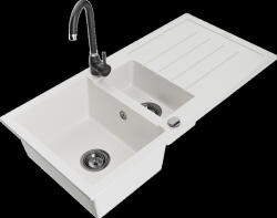 Mexen Andres, gránit mosogató 1000x500x200 mm, 1, 5 kamrás, fehér fekete szifonnal és fekete Telma mosogató csaptelep, 6515-20-670200-70 (6515-20-670200-70)