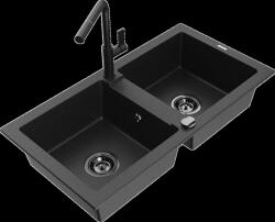 Mexen Mario, 2-kamrás gránit mosogató 820x436x161 mm és Flora mosogató csaptelep, fekete-ezüst metál, 6504-73-670401-70-B (6504-73-670401-70-B)