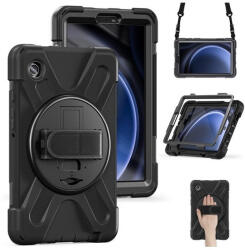 Samsung Tab A9 (8.7) SM-X110 / X115, Műanyag hátlap védőtok, szilikon belső, kitámasztóval, kézpánt, vállpánt, Defender, fekete
