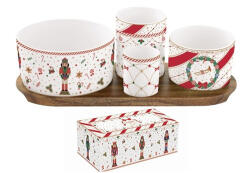 Easy Life Nuova R2S Porcelán kínálótálka szett 4db-os(dia: 11, 5/8/6, 5/4, 5cm), akácfa tálcán 29x13cm, dobozban, Nutcracker Twist (2073NTWI)