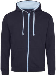 Just Hoods Uniszex pulóver kontrasztos színű cipzárral kapucnival AWJH053, New French Navy/Sky Blue-M (awjh053nfrnv-sb-m)