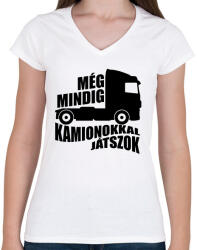 printfashion Kamionokkal játszok - Női V-nyakú póló - Fehér (1662529)
