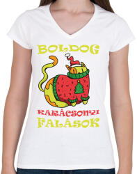 printfashion Boldog Karácsonyi falások - Női V-nyakú póló - Fehér (4123496)