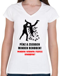 printfashion PÉNZ A ZSEBBEN - Női V-nyakú póló - Fehér (1963824)