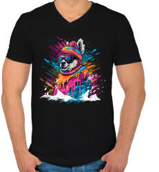 printfashion Láma sapkában - Férfi V-nyakú póló - Fekete (14033299)