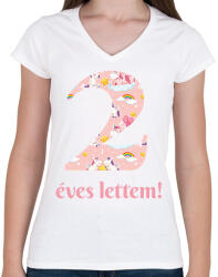 printfashion Unikornisos minta - Számmal - Női V-nyakú póló - Fehér (6243336)