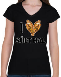printfashion I love Sült hal - Női V-nyakú póló - Fekete (11603751)