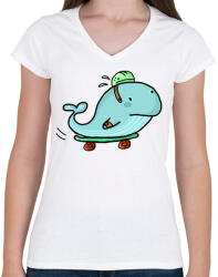 printfashion Gördeszkás bálna - Női V-nyakú póló - Fehér (3937064)