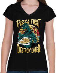 printfashion Előbb pizza, aztán pusztítás - Női V-nyakú póló - Fekete (11651019)
