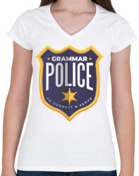 printfashion Nyelvtan rendőrség - Női V-nyakú póló - Fehér (4044227)