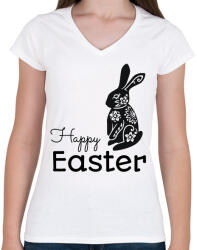 printfashion Happy Easter - Mintás nyúl - Női V-nyakú póló - Fehér (6335520)
