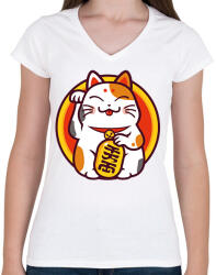 printfashion Lucky cat - Maneki neko - Női V-nyakú póló - Fehér (15792965)