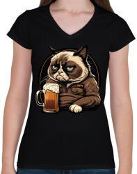 printfashion Grumpy macska sörözik - Női V-nyakú póló - Fekete (13036662)