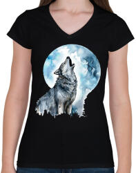 printfashion Farkas - Női V-nyakú póló - Fekete (16519367)