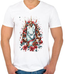 printfashion Karácsonyi unikornis - Férfi V-nyakú póló - Fehér (15189198)