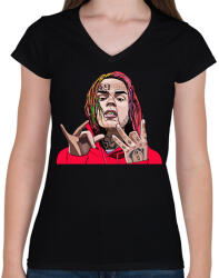 printfashion 6ix9ine Tekashi - Női V-nyakú póló - Fekete (2585664)
