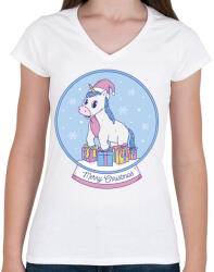 printfashion Karácsonyi unikornis - Női V-nyakú póló - Fehér (5570712)