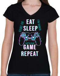 printfashion Eat sleep game repeat - Női V-nyakú póló - Fekete (3679208)