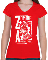 printfashion Zombi apokalipszis - Női V-nyakú póló - Piros (43436)