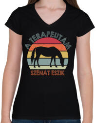 printfashion Szénát eszik - Női V-nyakú póló - Fekete (12704100)