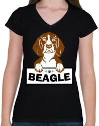 printfashion Beagle kutya - Női V-nyakú póló - Fekete (5038424)