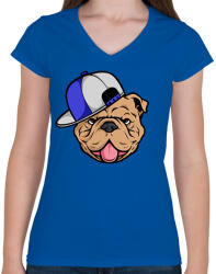 printfashion Bulldog sapiban - Női V-nyakú póló - Királykék (7359712)