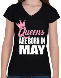 printfashion A királynők májusban születnek - Női V-nyakú póló - Fekete (209601)