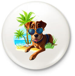 printfashion VAKÁCIÓ / Nyaralás / Pálmafák és vicces Kutya napszemüvegben - Kitűző, hűtőmágnes - Fehér (11773731)