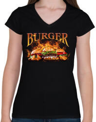 printfashion Burger - Női V-nyakú póló - Fekete (16179022)