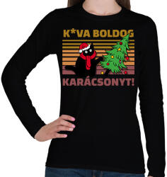 printfashion Kva boldog karácsonyt cica - Női hosszú ujjú póló - Fekete (14871475)