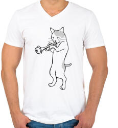 printfashion Macska trombitál - Férfi V-nyakú póló - Fehér (10282631)