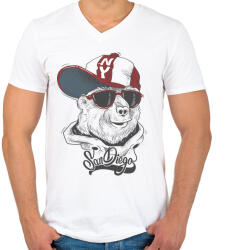 printfashion Baseball sapkás medve - Férfi V-nyakú póló - Fehér (4747783)