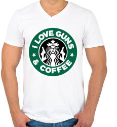 printfashion I love guns and coffee - Férfi V-nyakú póló - Fehér (1400789)