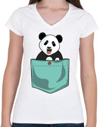printfashion Panda zsebben - Női V-nyakú póló - Fehér (13141381)