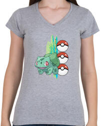 printfashion pokemon bulbasaur - Női V-nyakú póló - Sport szürke (14558665)