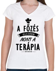 printfashion A főzés olcsóbb, mint a terápia - Női V-nyakú póló - Fehér (1821367)