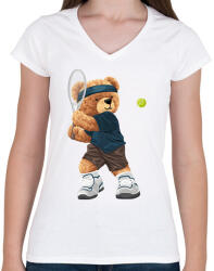 printfashion Teniszező maci - Női V-nyakú póló - Fehér (9474675)