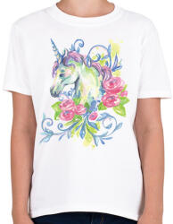printfashion Unikornis virágokkal vízfesték - Gyerek póló - Fehér (1526416)