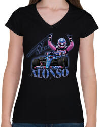 printfashion Alonso F1 - Női V-nyakú póló - Fekete (11969024)