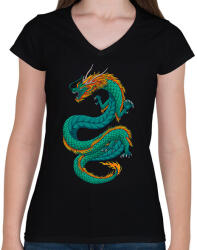 printfashion Sárkány - Női V-nyakú póló - Fekete (13891686)
