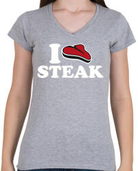 printfashion I love steak - Női V-nyakú póló - Sport szürke (2148906)