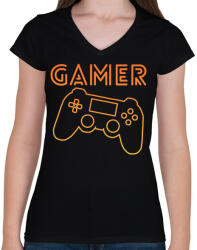 printfashion Gamer - Női V-nyakú póló - Fekete (4697327)