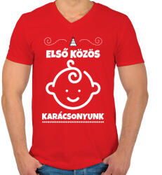 printfashion Első közös karácsonyunk - Férfi V-nyakú póló - Piros (10415715)