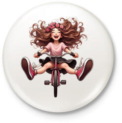 printfashion Boldog kerékpáros lány - Kitűző, hűtőmágnes - Fehér (15781253)