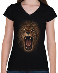 printfashion Oroszlán - Női V-nyakú póló - Fekete (409219)