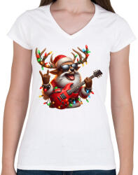printfashion Vicces karácsonyi rocker party rénszarvas - Mikulás ruhában - Női V-nyakú póló - Fehér (15231708)