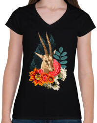 printfashion Varázslatos antilop - Női V-nyakú póló - Fekete (108532)