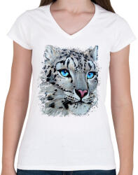 printfashion Hópárduc - kék szemmel - Női V-nyakú póló - Fehér (13232601)